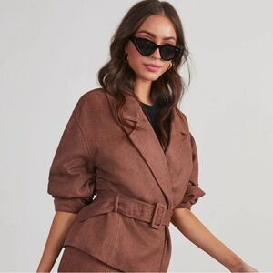 Blazer with Belted Waist -Brown Wool Blend